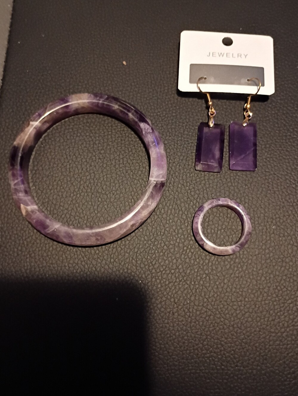 NWOT Genuine Amethyst 3-Piece Jewelry Set - Bangle, Size 10 Ring & Earrings